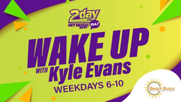 Wake Up with Kyle Evans poster with text on bright coloured background