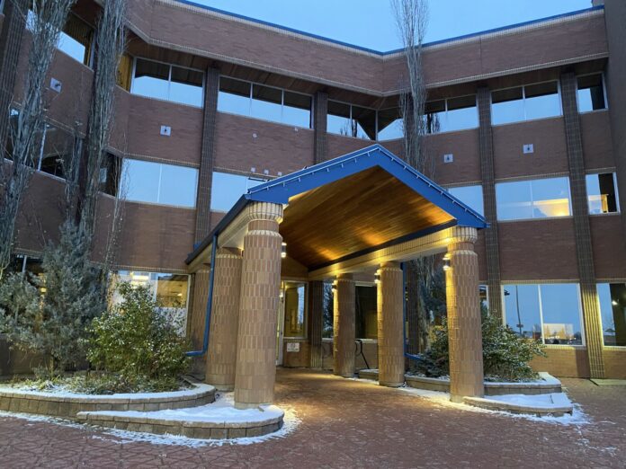 Grande Prairie City Hall at night (Ethan Montague, mygpnow.com staff)