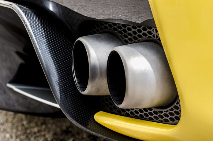 The dual exhaust pipes of a car